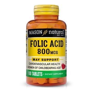 Фолиевая кислота 800 мкг, Folic Acid, Mason Natural, 100 таблеток,  Mason Natural фото