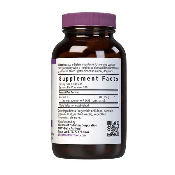 Вітамін K2 100 мкг, Vitamin K2, Bluebonnet Nutrition, 100 вегетаріанських капсул,  Bluebonnet Nutrition фото