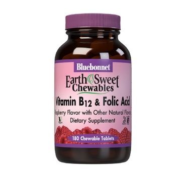 Витамин В12 и Фолиевая кислота, Вкус Малины, Earth Sweet Chewables, Bluebonnet Nutrition, 180 жевательных таблеток,  Bluebonnet Nutrition фото