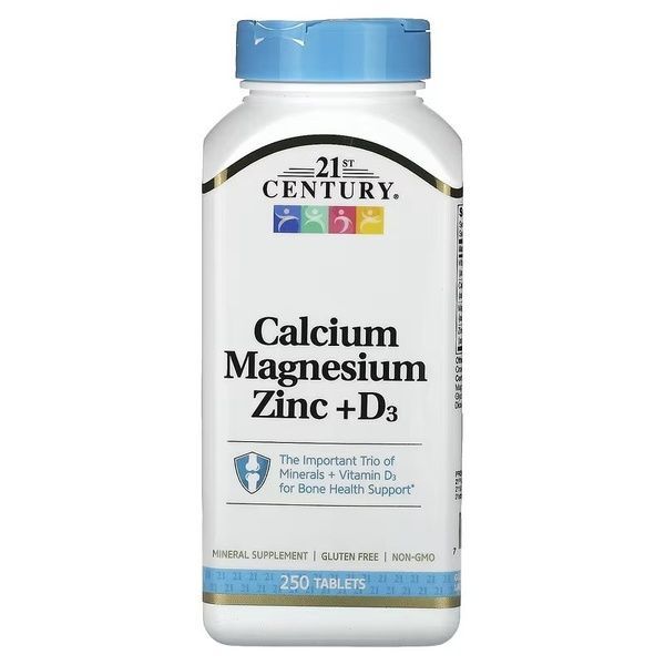 Кальций, Магний, Цинк и Витамин D3, Calcium Magnesium Zinc + D3, 21st Century, 250 таблеток,  21st Century фото
