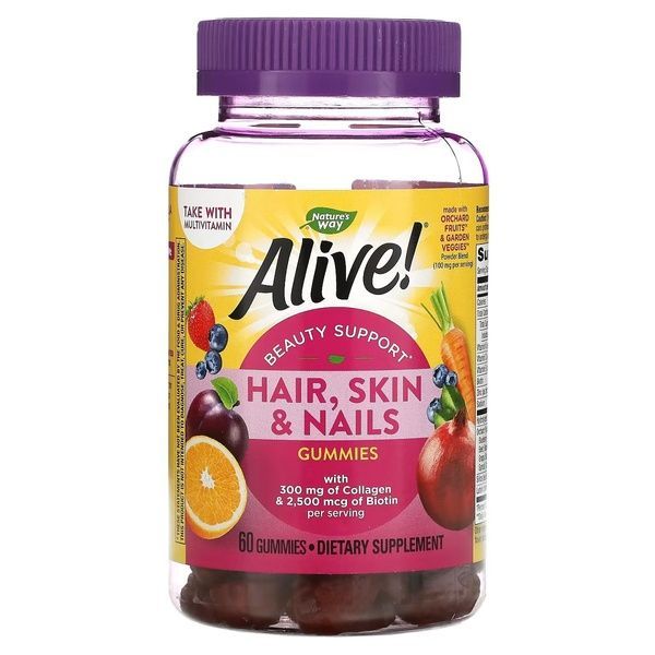 Красота Волос, кожи и ногтей с коллагеном и биотином, вкус клубники, Alive! Hair, Skin & Nails with Collagen & Biotin, Nature's Way, 60 жевательных конфет,  Nature's Way фото