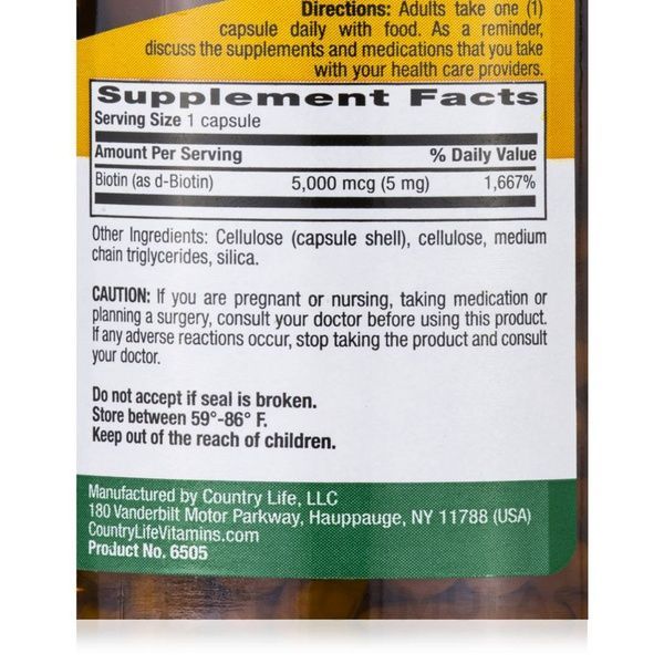 Концентрированный Биотин (В7), 5 мг, High Potency Biotin, Country Life, 120 желатиновых капсул,  Country Life фото