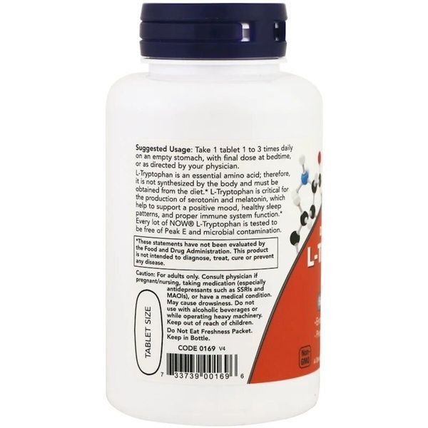 L-Триптофан, подвійної концентрації, 1000 мг, L-Tryptophan, Double Strength, Now Foods, 60 таблеток,  Now Foods фото