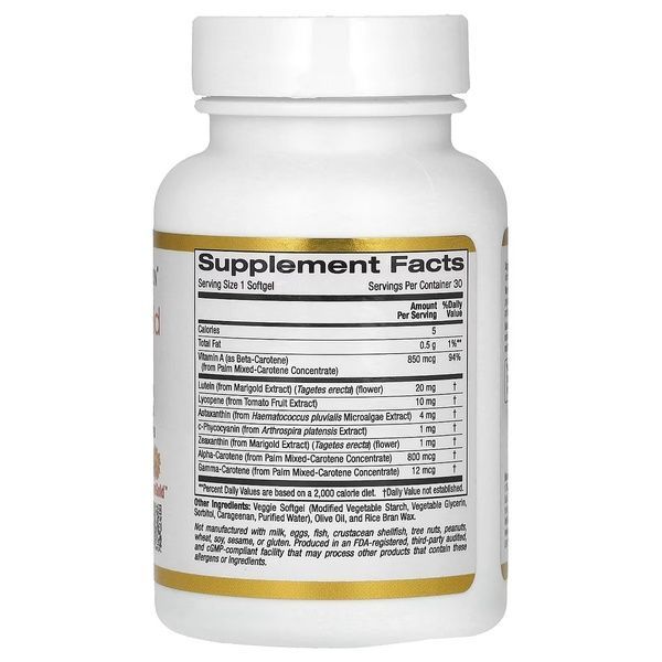 Комплекс астакаротиноидов, лютеин, ликопин, астаксантин, AstaCarotenoid Complex, Lutein, Lycopene, and Astaxanthin Complex, California Gold Nutrition, 30 вегетарианских капсул,  California Gold Nutrition фото