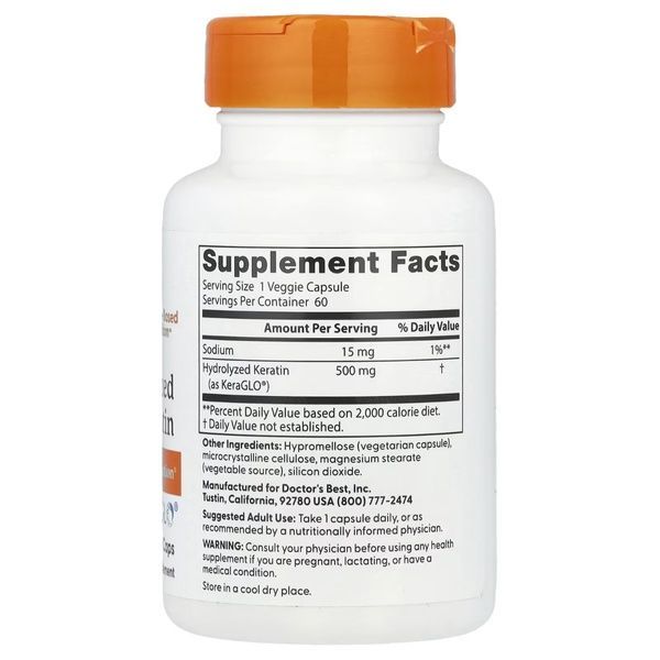 Гидролизованный кератин, 500 мг, Hydrolyzed Keratin, Doctor's Best, 60 вегетарианских капсул,  Doctor's Best фото