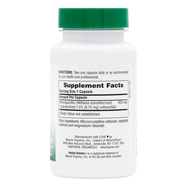 Ашваганда, 450 мг, Ashwagandha, Herbal Actives, Natures Plus, 60 Вегетарианских Капсул,  Natures Plus фото