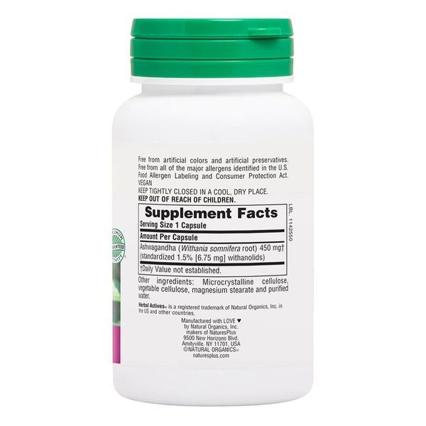Ашваганда, 450 мг, Ashwagandha, Herbal Actives, Natures Plus, 60 Вегетарианских Капсул,  Natures Plus фото