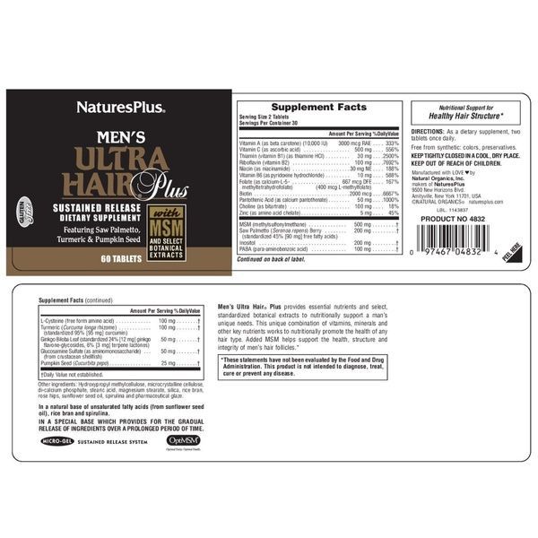 Комплекс для Роста Оздоровления Волос для Мужчин, Ultra Hair, Natures Plus, 60 таблеток,  Natures Plus фото