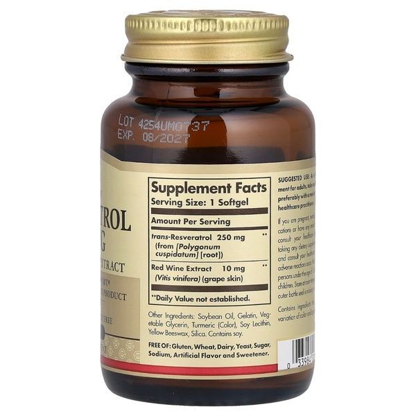 Ресвератрол с Экстрактом Красного Вина, 250 мг, Resveratrol with red Wine Extract, Solgar, 30 гелевых капсул,  Solgar фото