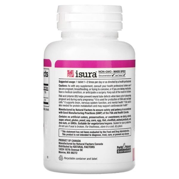 Фолиевая кислота, 400 мкг, Folic Acid, Natural Factors, 90 таблеток,  Natural Factors фото