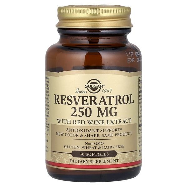 Ресвератрол с Экстрактом Красного Вина, 250 мг, Resveratrol with red Wine Extract, Solgar, 30 гелевых капсул,  Solgar фото