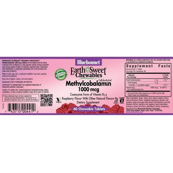Метилкобаламин (В12) 1000мкг, Вкус Малины, Earth Sweet Chewables, Bluebonnet Nutrition, 60 жевательных таблеток,  Bluebonnet Nutrition фото