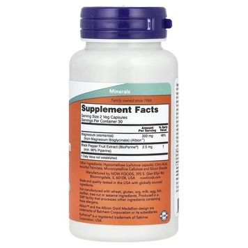 Магнію глицинат з біоперином, 200 мг, Magnesium Glycinate With BioPerine, Now Foods, 60 вегетаріанських капсул,  Now Foods фото
