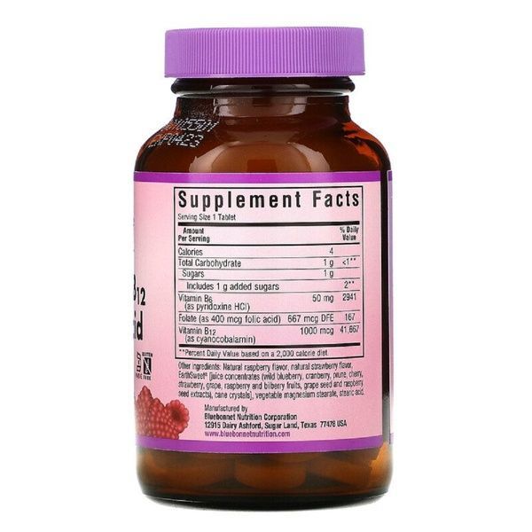 Витамин В6, B12 + Фолиевая кислота, Вкус Малины, Earth Sweet Chewables, Bluebonnet Nutrition, 60 жевательных таблеток,  Bluebonnet Nutrition фото
