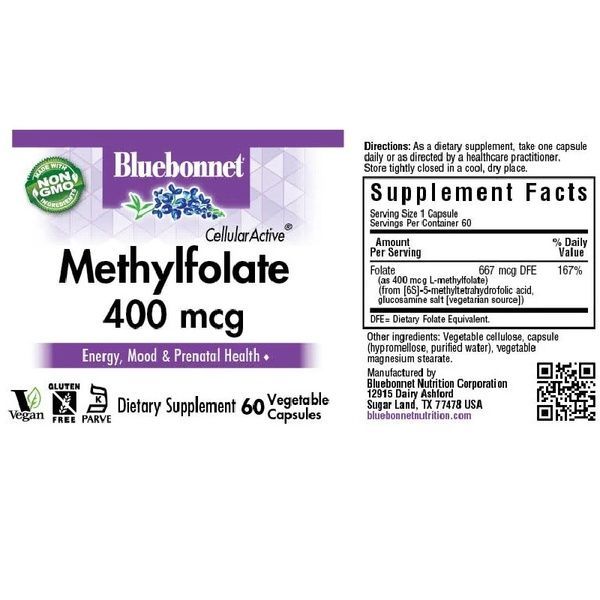 Метилфолат (B9) 400мкг, Cellular Active, Methylfolate, Bluebonnet Nutrition, 60 вегетарианских капсул,  Bluebonnet Nutrition фото