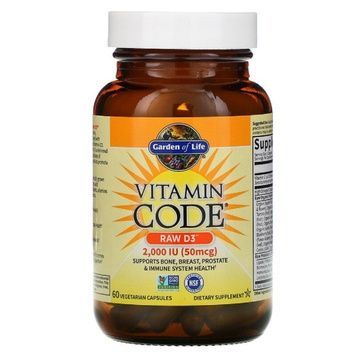 Сырой Витамин D3, RAW D3, Vitamin Code, Garden of Life, 2000 МЕ (50 мкг), 60 вегетарианских капсул,  Garden of Life фото