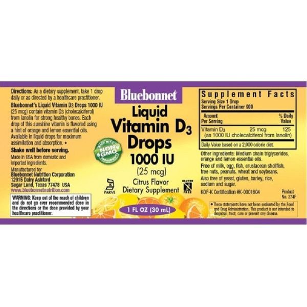 Жидкий Витамин D3 1000IU, Вкус Апельсина, Bluebonnet Nutrition, 30мл капли,  Bluebonnet Nutrition фото